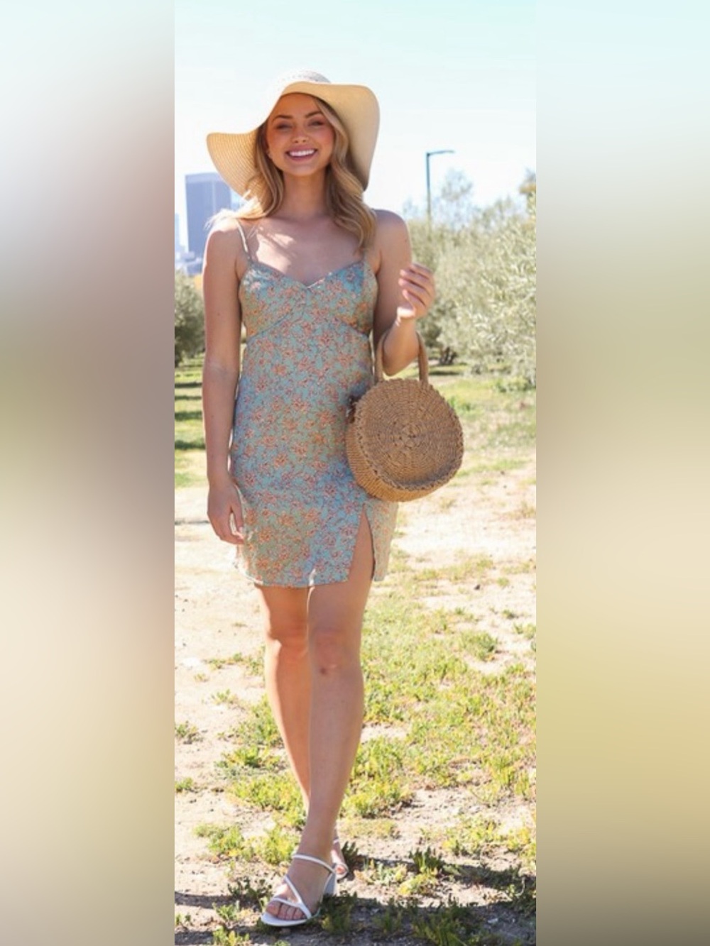 Floral Slip Sundress with Side Slit - green/taupe